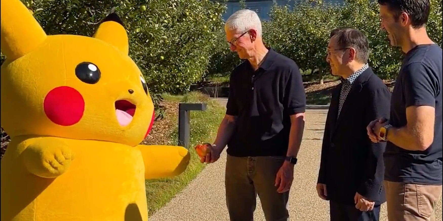 Tim Cook and John Ternus host Pikachu and The Pokémon Company CEO at Apple Park