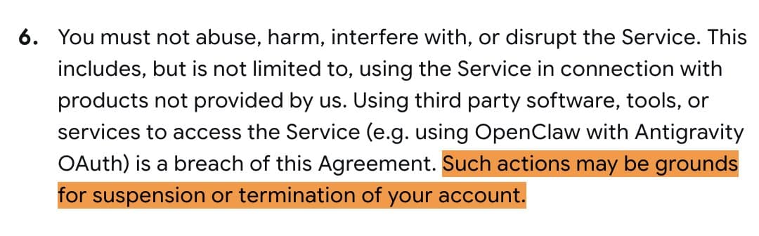 Google Antigravity TOS: 3rd party usage can get Google account suspended