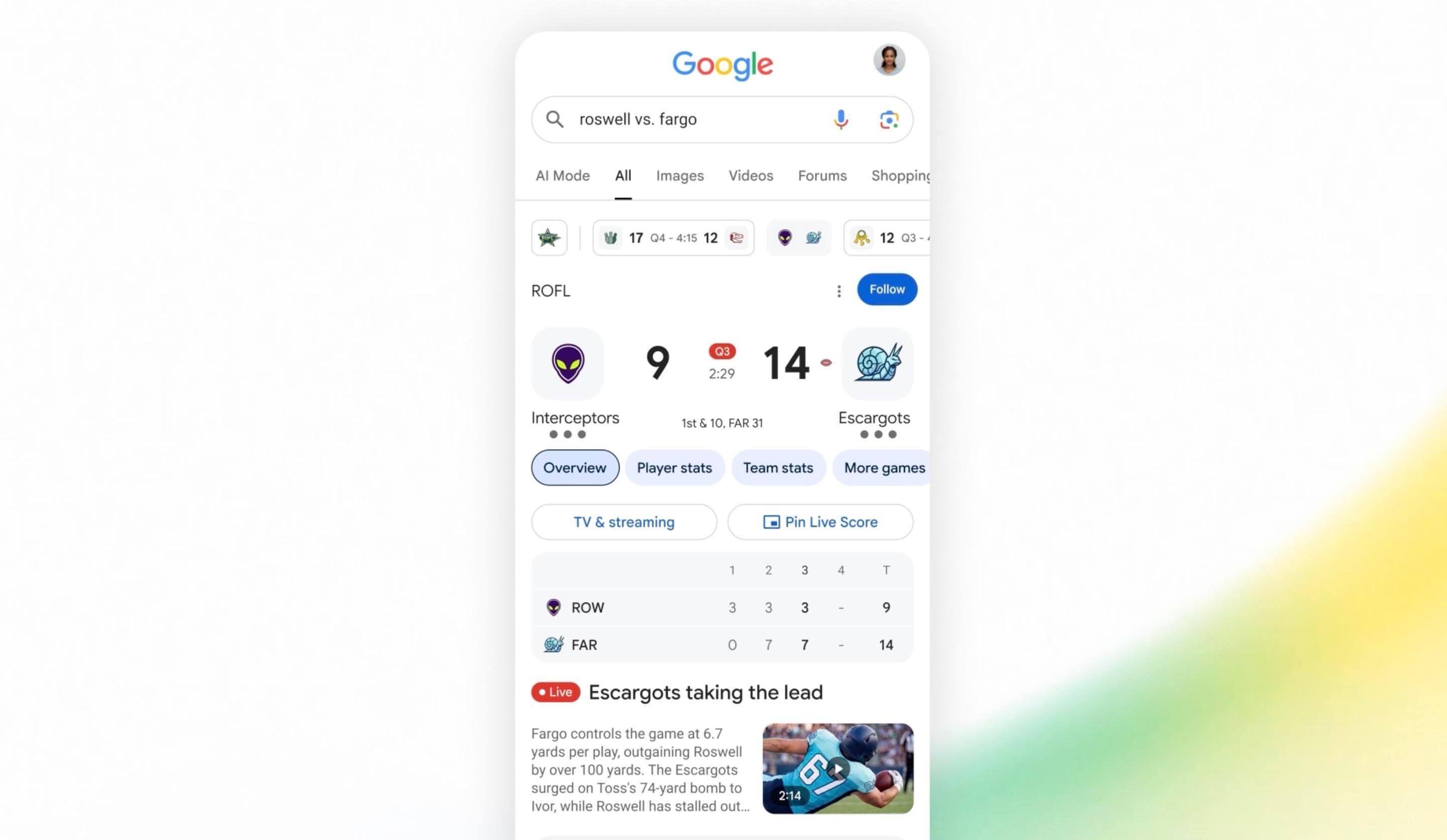 Google search embraces live NFL football